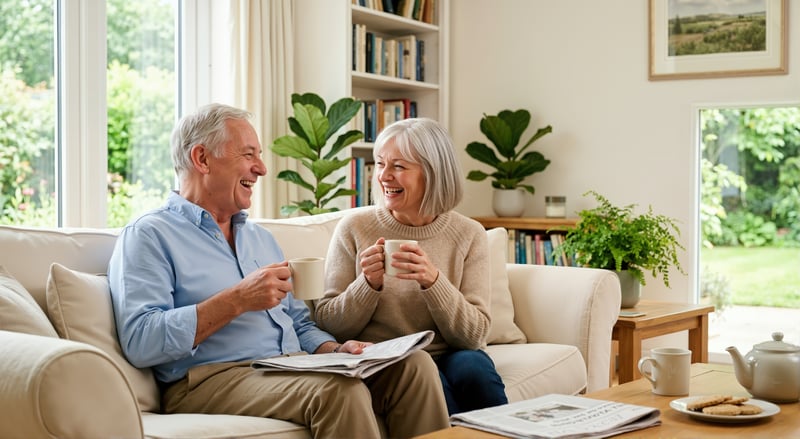 Smiling senior couple sitting on couch, drinking coffee, and aging in place in their home