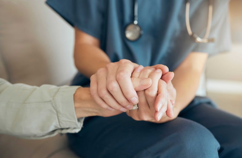 Senior care, woman and nurse hand holding for comfort