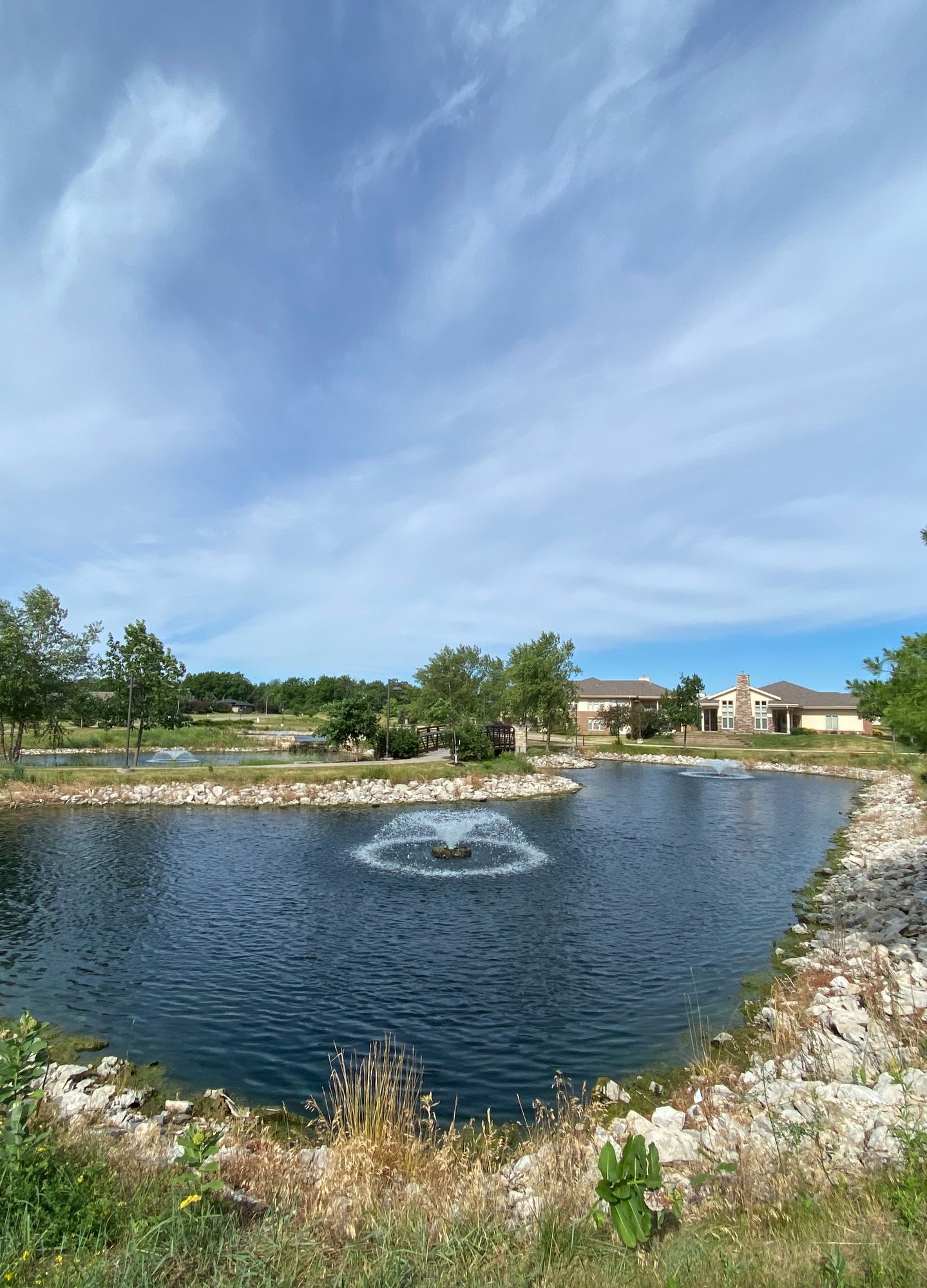 A fountain in a pond