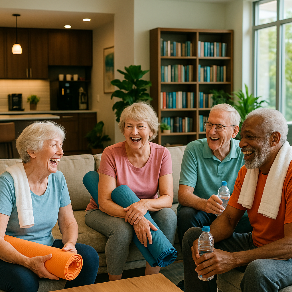 Bright inviting image of active older adults in a modern independent living community lounge chatting and laughing after a fitness class Include subtl