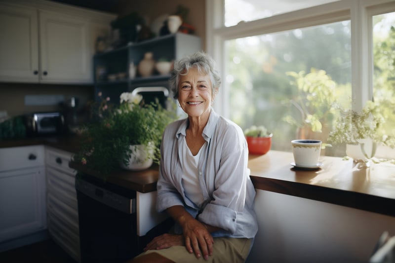 Smiling middle aged woman sitting on sofa at home