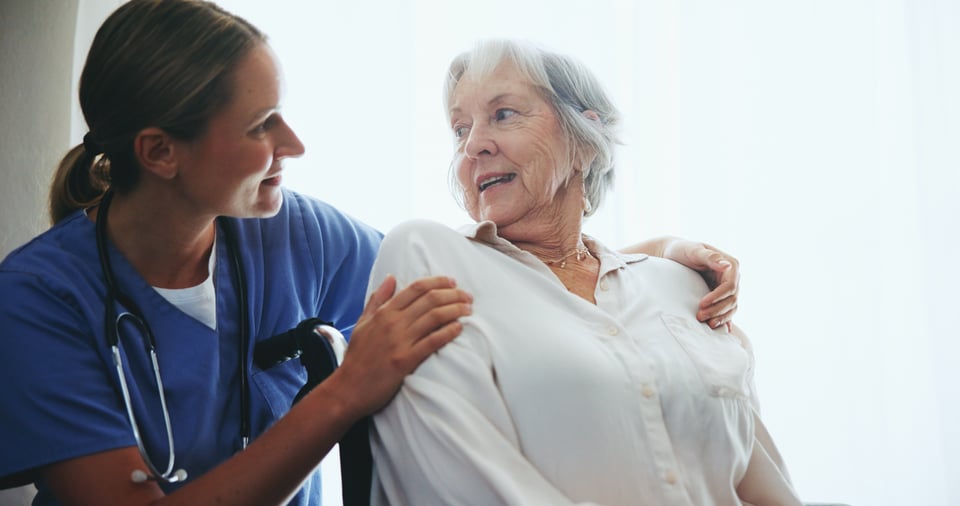 Elderly woman and nurse for support in a wheelchair with assisted living