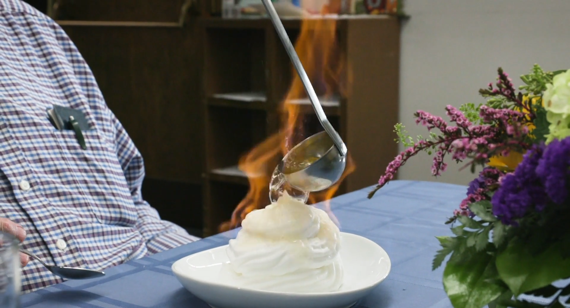 Closeup of a Baked Alaska on a table. 