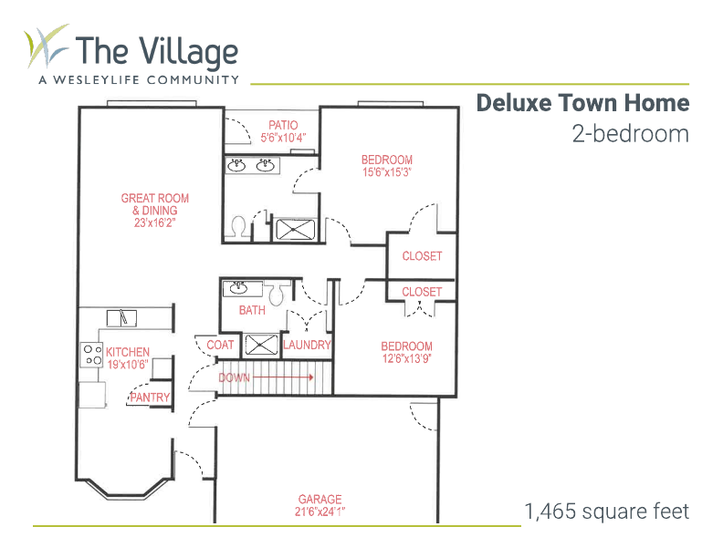 floor plan of the Deluxe Town Home, 2-bedroom, 1,465 square feet