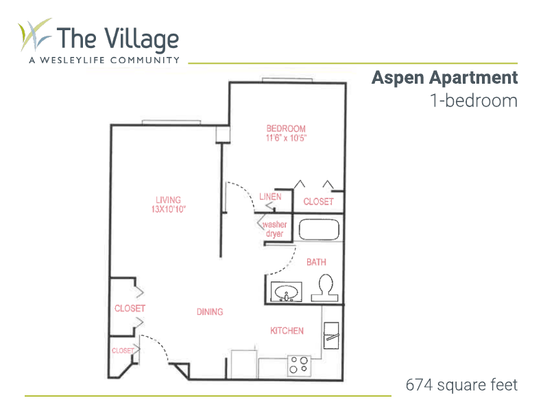 floorplan of the Aspen Apartment, 1-bedroom 1-bath, 674 square feet