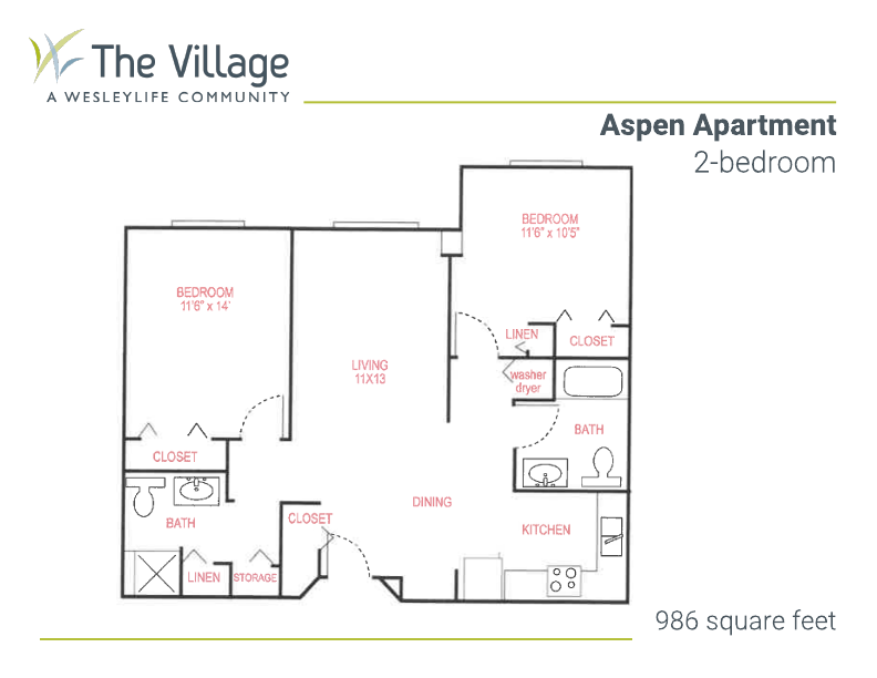 floor plan of the Aspen Apartment, 2-bedroom, 2-bath, 986 square feet