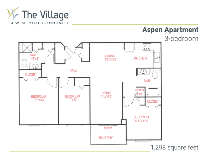 floor plan of the Aspen Apartment, 3-bedroom, 2-bath, 1,298 square feet