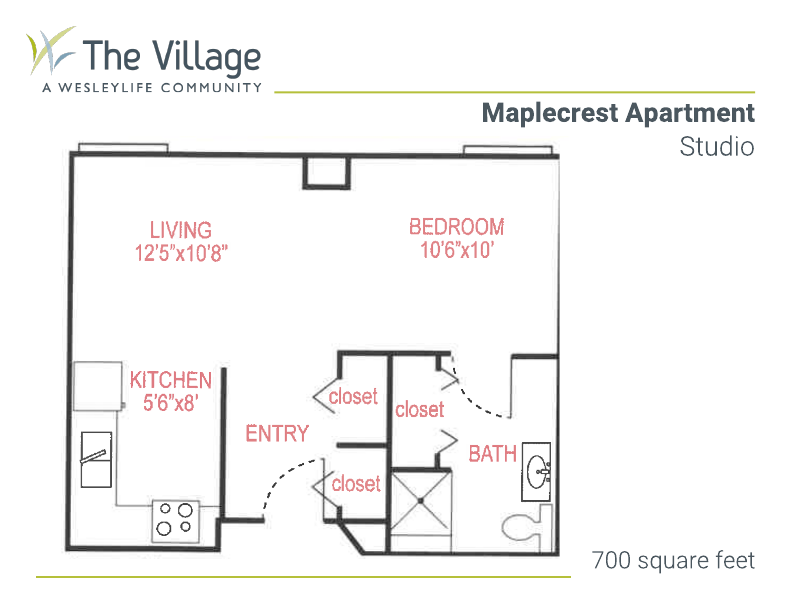 floor plan of the Maplecrest Apartment, Studio 1-bath, 700 square feet