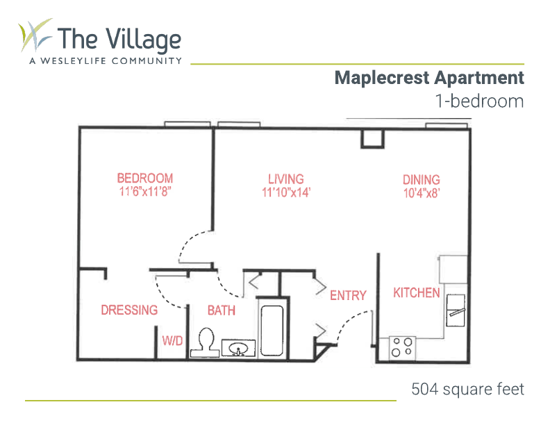 floor plan of the Maplecrest Apartment, 1-bedroom 1-bath, 504 square feet