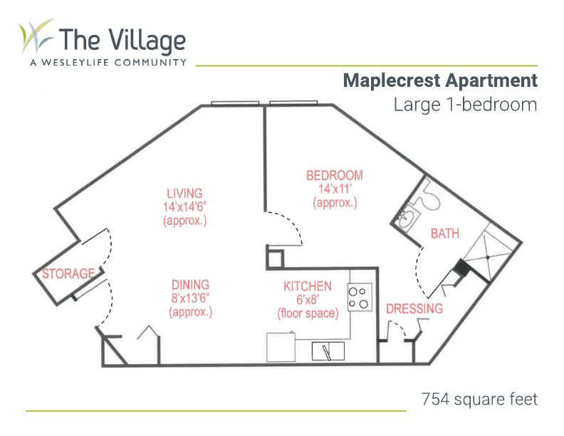 floor plan of the Maplecrest Apartment Large 1-bedroom 1-bath, 754 square feet