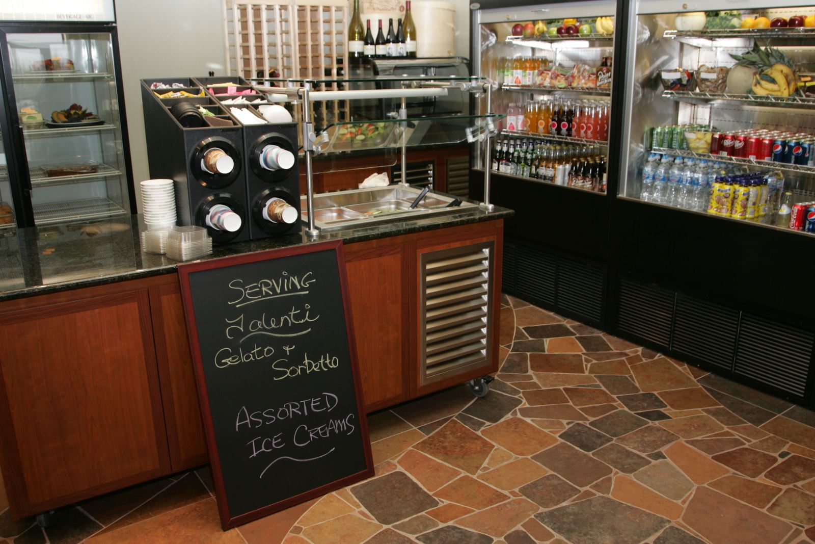 The interior of an ice cream shop. 