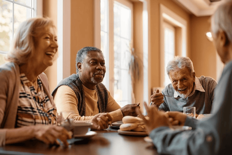 senior friends eating breakfast