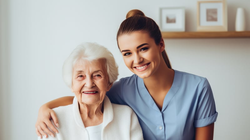 A Senior living patient with a happy caretaker