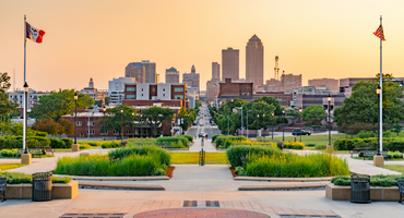 Downtown buildings in Des Moines, Iowa, close to a WesleyLife assisted living community