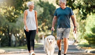 fitness and walking with dog and couple in neighborhood park for relax