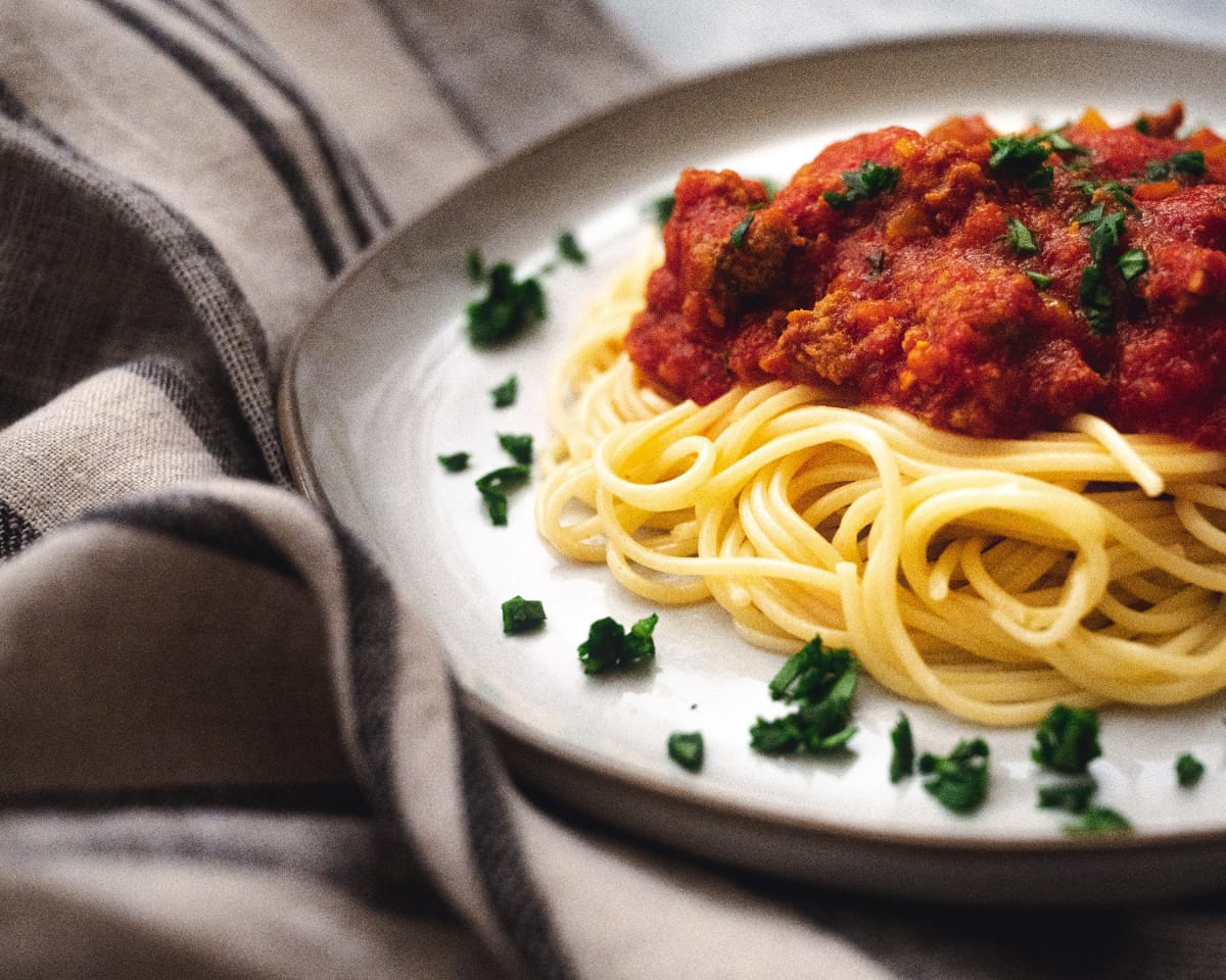 Closeup of spaghetti bolognese